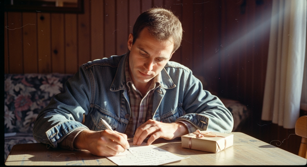 Mand sidder i stue og skriver et brev til sin kæreste